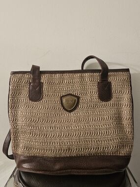 Woven Straw Tote with Brown Leather Trim